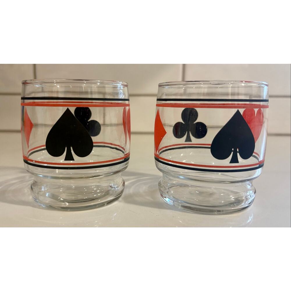 Pair of MCM Poker Night Glasses Bridge Hearts Clubs Spades Diamonds